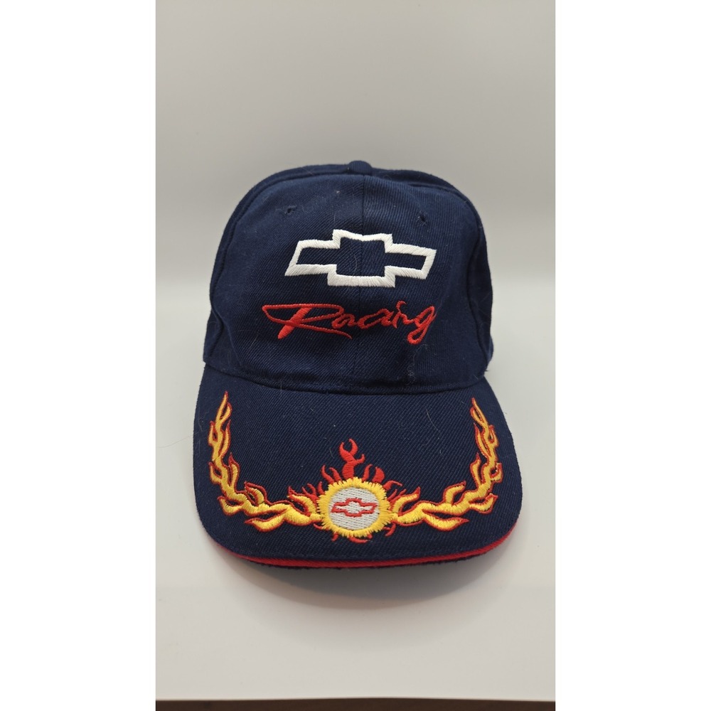 Classic Chevrolet Racing Hat Navy 🔥 Flames Embroidered Brim Chevy Bowtie OSFA